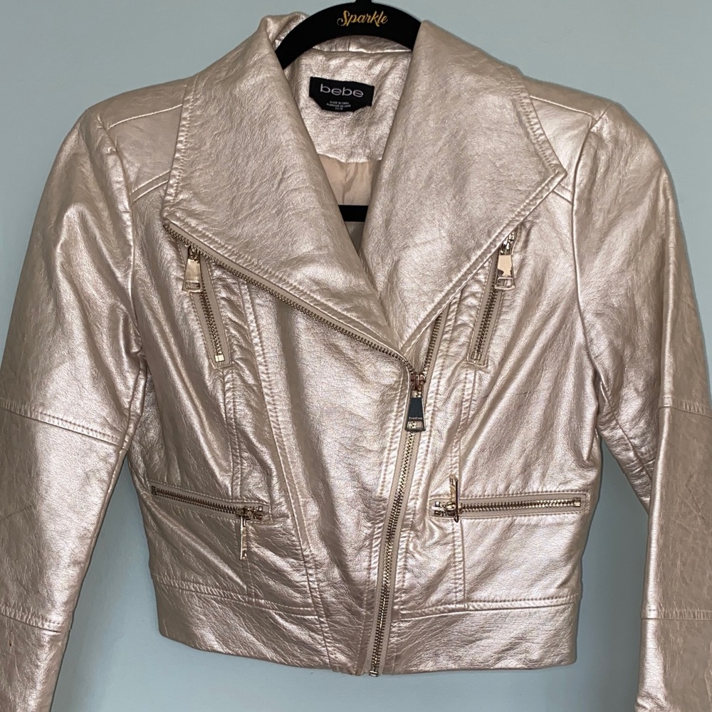 Bebe Light Gold Faux Leather Jacket with Defects